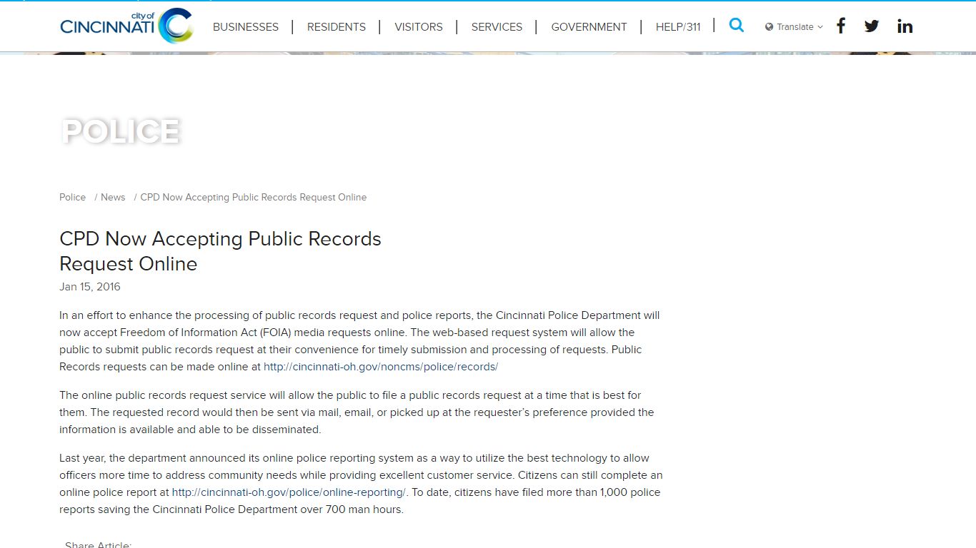 CPD Now Accepting Public Records Request Online - Police - Cincinnati